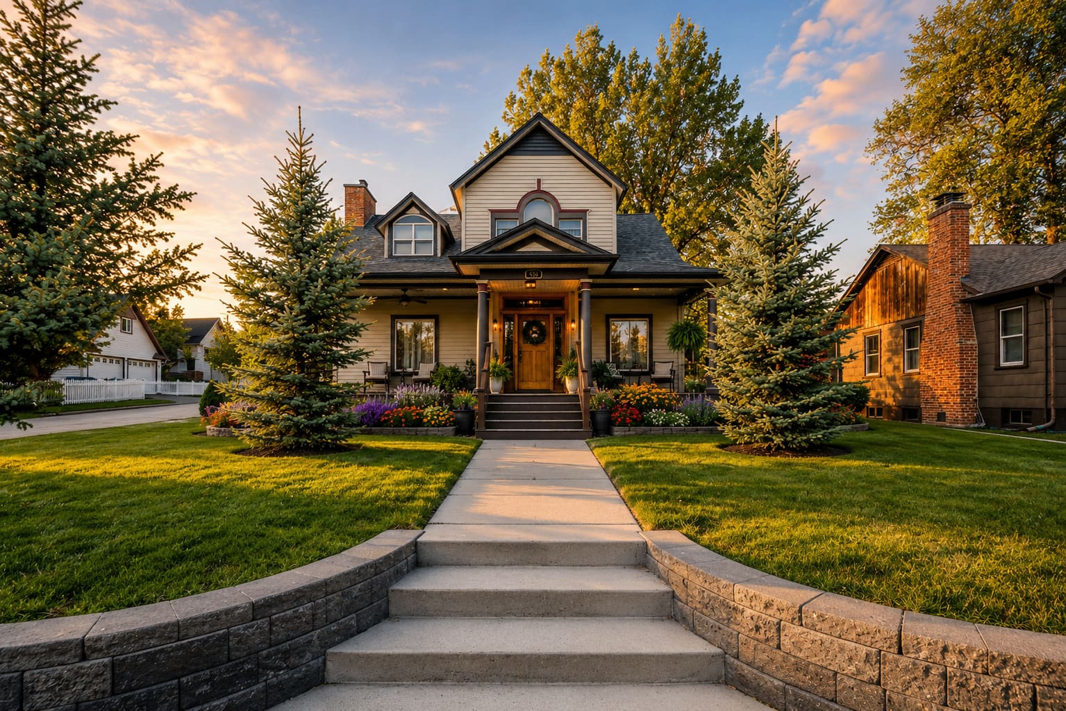 Gratitude Sheridan — restored 1920 Victorian at golden hour, front walk and porch